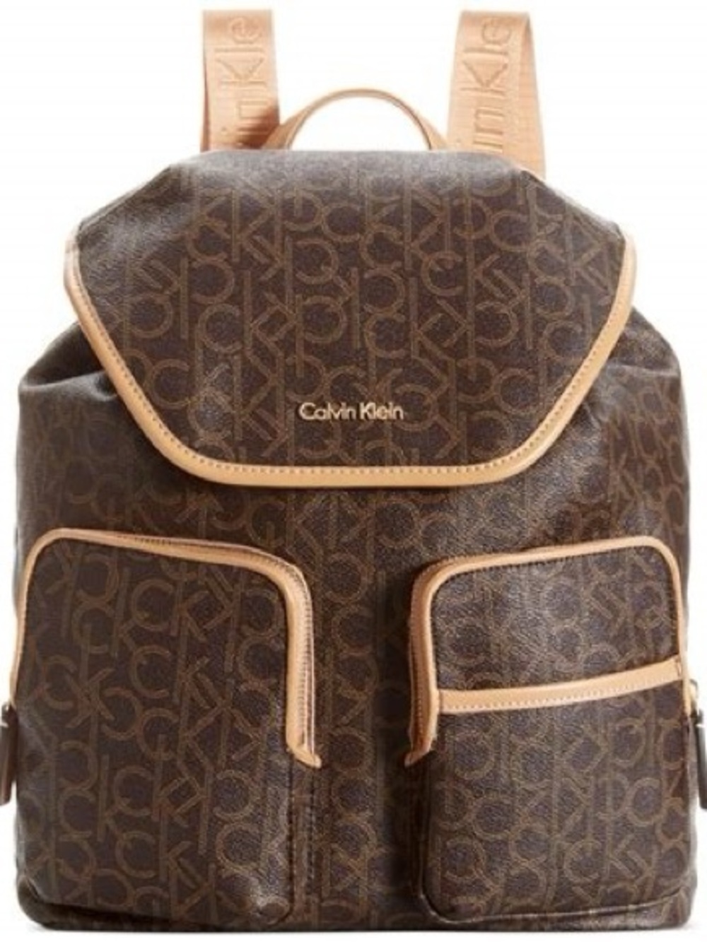 Calvin Klein Hudson Monogram Backpack Brown with Tan Trim and Gold Hardware